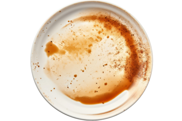 Dirty White Plate With Brown Spots. The dirty white plate is covered in brown spots, indicating dried food residue. On PNG Transparent Clear Background.