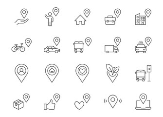 Location line icon set. Map pin, you are here, bus stop, taxi parking, green zone, place of work, cargo tracking outline vector illustration. Simple linear pictogram for navigation. Editable Stroke - 746315124