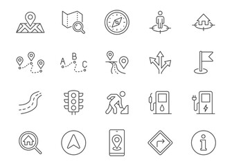 Location line icon set. Map pin, gps signal, route, distance marker, road works, fuel, traffic lights outline vector illustration. Simple linear pictogram for navigation. Editable Stroke - 746315139