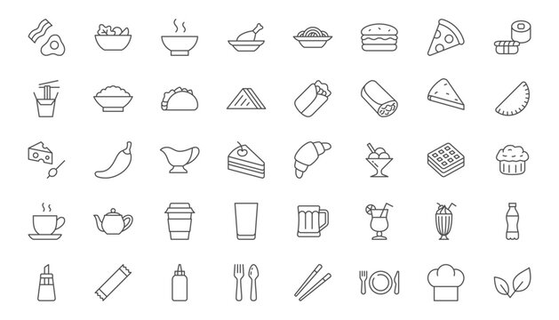 Restaurant menu line icon set. Dishes - breakfast, salad, soup, kebab, taco, wok rice, sandwich, pasta, chopsticks outline vector illustration. Simple linear pictogram for food. Editable Stroke