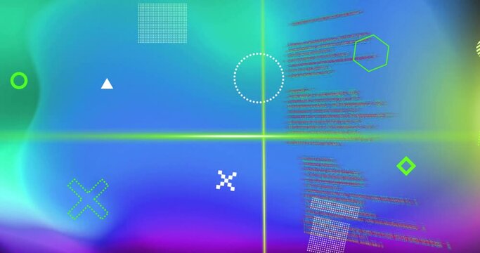 Animation of white shapes and green scanner beams over data processing on blue and green background
