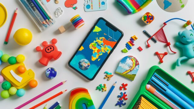 Children's learning technology with a smartphone There are emoji pictures. Classroom stationery, world pictures, jigsaw puzzles, and science equipment