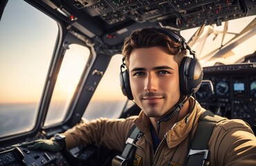 Handsome male pilot taking a selfie in the cockpit