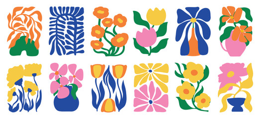 Flower doodle background vector set. Floral and leaves abstract shape doodle art design for print, wallpaper, clipart, wall art for home decoration.