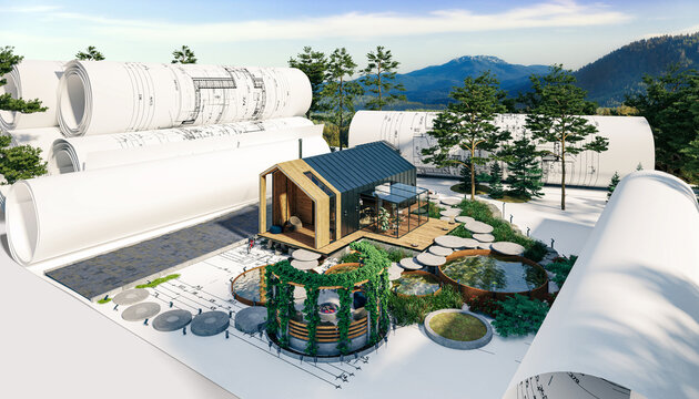 Entwurf eines Ferien-/Wochenendhauses in moderner Scheunen-Architektur und Gartengestaltung (Berglandschaft im Hintergrund) - 3D Visualisierung