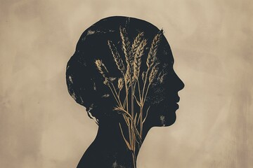 female silhouette with a grain of wheat on a light brown background - obrazy, fototapety, plakaty