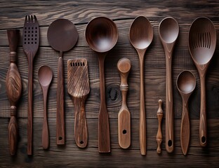 Wooden dishes, natural kitchen utensils, cutlery, spoons, forks and spatulas on the table