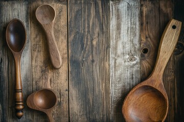 Wooden tableware, natural kitchen utensils, cutlery, spoons on the table, empty copy space