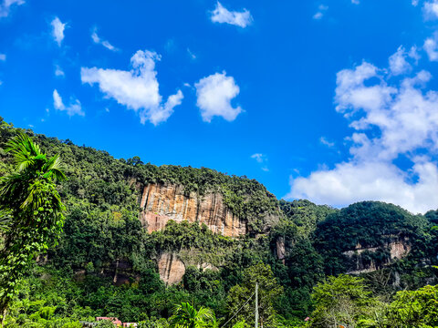 View of the Harau Valley with cliffs covered with green plants and trees during the day