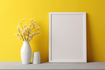 White blank frame mockup with dry plants in vase on grey table against yellow wall. - obrazy, fototapety, plakaty