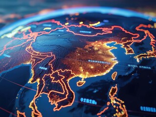 Digital world globe centered on China