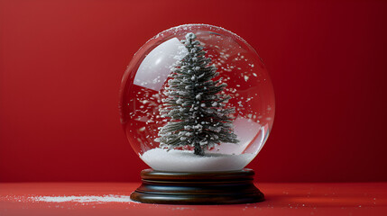 Fototapeta na wymiar An empty snow globe isolated on red, Snowglobe with one Christmas tree in the snow. generative ai