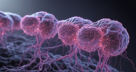  Microscopic view of a cluster of cells, possibly cancerous, with a network of blood vessels