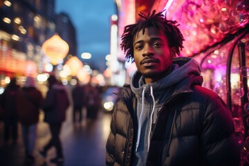 A young man stands illuminated by the neon lights of the city at night