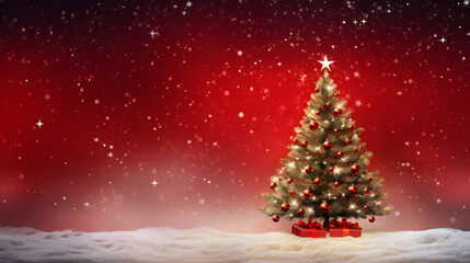 Fototapeta na wymiar snowing christmas tree red banner