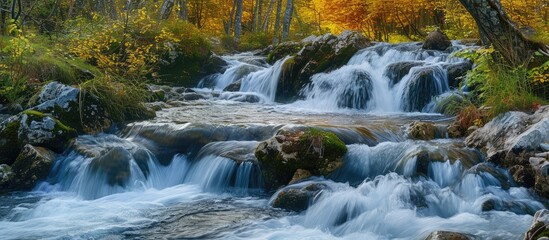 A vibrant autumn landscape displaying a small waterfall cascading within the energetic currents of a forest river.