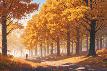 A beautiful autumn scenery with a road surrounded by trees