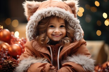 Smiling child in winter jacket with furry hood. Festive Christmas portrait with bokeh lights