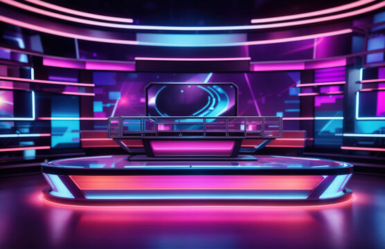 Modern tv game show studio set glowing with neon lights and futuristic design