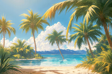 Fototapeta na wymiar A beach with palm trees, sand, and a blue sky