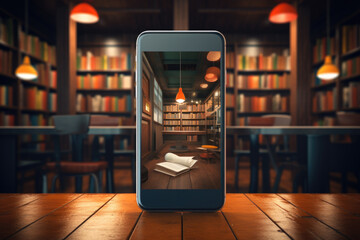 Augmented Reality Library Concept. Smartphone with 3D Rendered Library on Screen