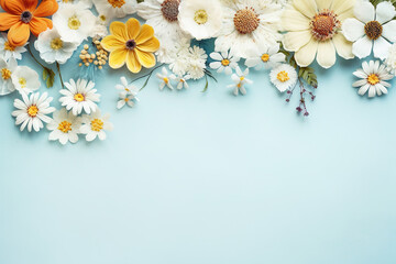 Flat lay of spring summer flowers with copy space