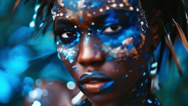A striking portrait of a woman with dramatic tribal face paint and electric blue spark accents, embodying the spirit of an African queen.
