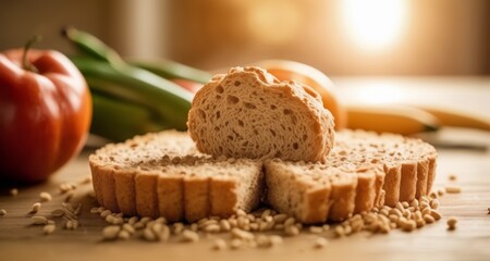  Freshly baked bread with a slice cut out, surrounded by a variety of fruits and vegetables
