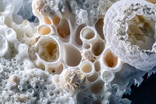 Microscopic image of chalk particles showing texture and porosity high resolution stock photo style