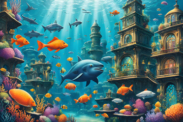 whimsical underwater metropolis inhabited by anthropomorphic sea creatures, bustling with activity and vibrant colors. - obrazy, fototapety, plakaty