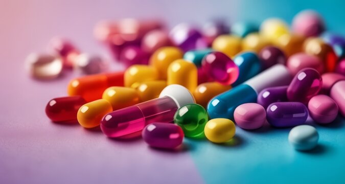  Vibrant assortment of colorful pills on a purple background