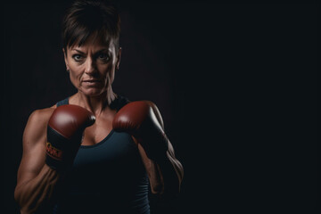 Middle age mature lady looking bad in boxe defence posture pose. Concept of woman athlete training hard. Empowerment and sport activity for female people in dark black background copy space