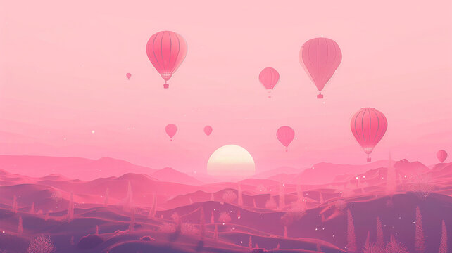 a pink landscape of hot air balloons