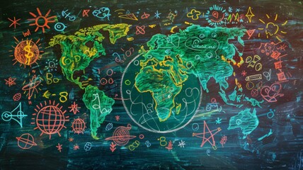 Children learn about the world that inspires science education with a girl's imagination doodle on the school blackboard.