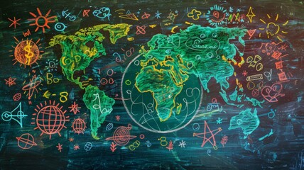 Naklejka premium Children learn about the world that inspires science education with a girl's imagination doodle on the school blackboard.