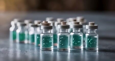  A collection of small glass vials with green contents, neatly arranged on a surface