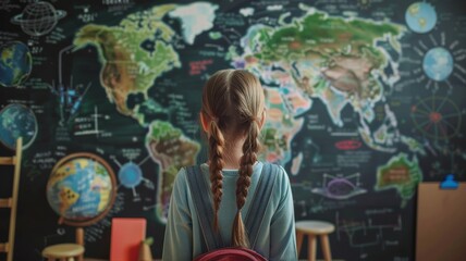 Obraz premium Children learn about the world that inspires science education with a girl's imagination doodle on the school blackboard.