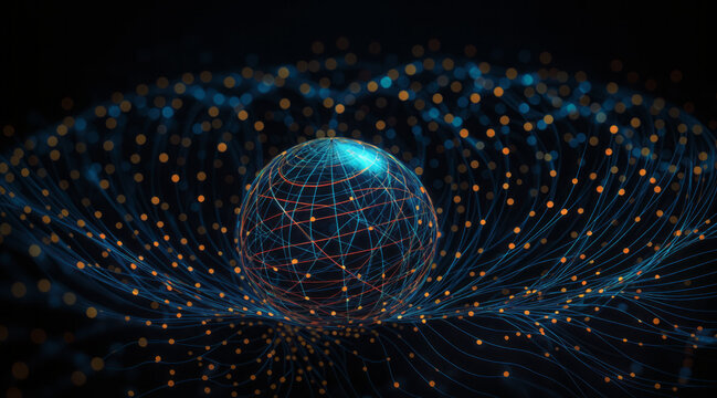 sphere with lines and dots on a dark background, quantum wave tracking