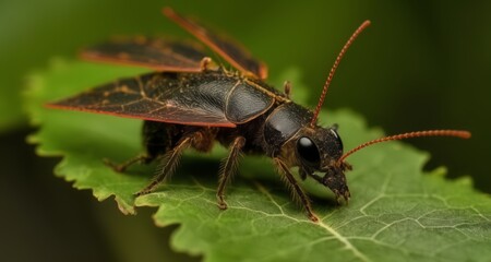  A close-up of a vibrant red and black beetle on a leafy green background