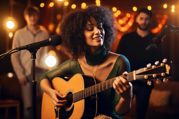 Mixed race woman singing and playing guitar - obrazy, fototapety, plakaty