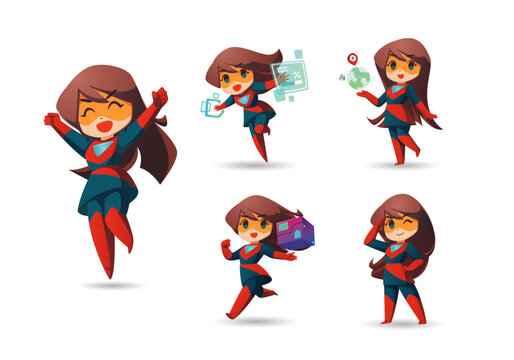 Red Blue little Super Hero Girl long hair Mascot Character Set2
