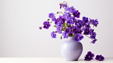 A bunch of purple violets in a vase on a solid white surface