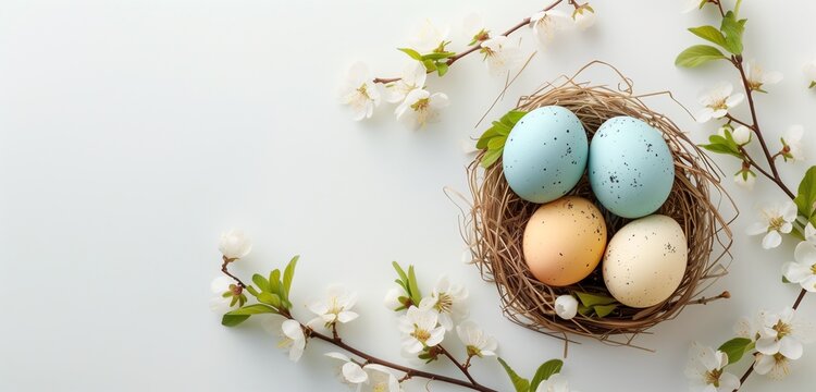 Pastel colored Easter eggs in nest and spring blooming branches on white background