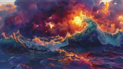 Abstract futuristic background, Raging sea element, large tidal waves with quasar flares