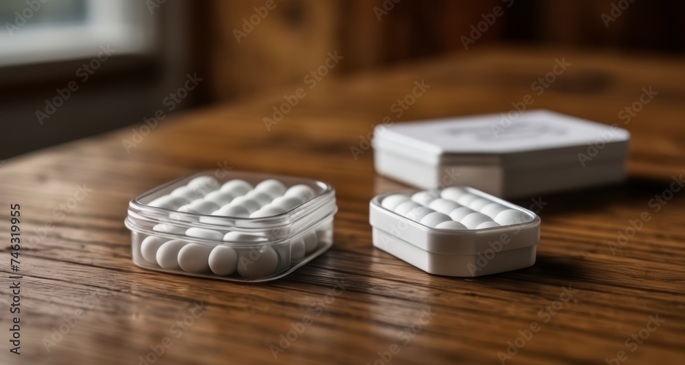 Sticker  Organized medication storage on wooden surface