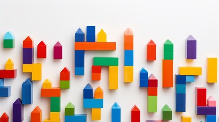 A collection of colorful toy blocks arranged in a pattern on a solid white background