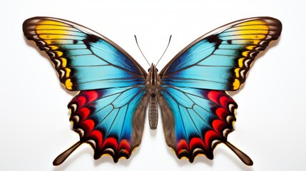 A colorful butterfly with wings spread open on a solid white background