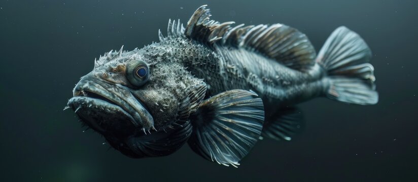 A black and white Anarhichas orientalis, known as the Wolf Fish of the sea, swimming gracefully in its natural habitat. The fishs distinctive features and markings are clearly visible in the