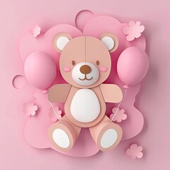 Soft fawn Vertebrate Toy on a pink background with balloons and flowers