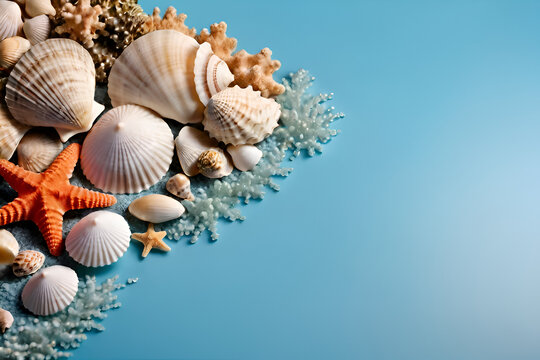 Seashells and coral reef beach with copy-space background concept, blank space.
